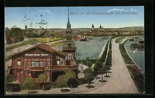 AK Mainz, Teilansicht von der Eisenbahnbrücke mit Winterhafen und Mainzer Ruder Verein