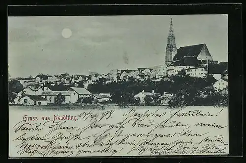 Mondschein-AK Neuötting, Teilansicht mit Kirche