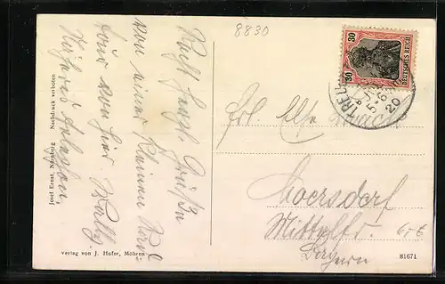 AK Möhren, Blick von einem Fluss auf den Ort