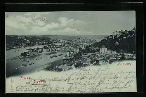 Mondschein-AK Passau, Panoramablick auf die Stadt