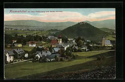 AK Krummhübel, Totalansicht mit dem Pfaffenberg und beiden Kirchen