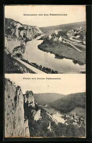 AK Gutenstein, Totalansicht mit Felsentunnels, Partie mit Ruine Falkenstein