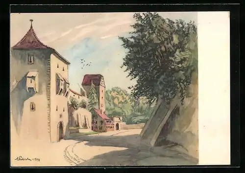 Künstler-AK Schwäbisch Hall, Strassenpartie am Zwinger