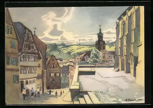 Künstler-AK Schwäbisch Hall, Häuser beim Markt