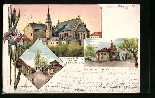Lithographie Prag / Praha-Smichov, Nesypka nad Smichovem, Kostel a Klaster Nejs. Srdce Jezisova