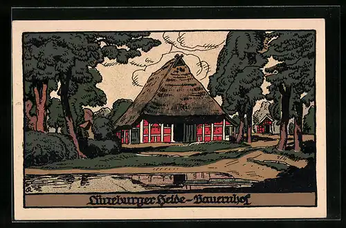 Steindruck-AK Lüneburger Heide, Bauernhof