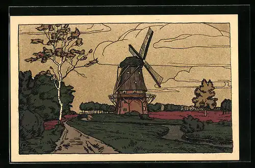 Steindruck-AK Lüneburger Heide, Windmühle am Mühlenbach
