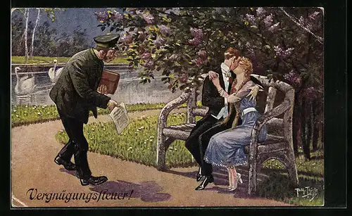 Künstler-AK Arthur Thiele: Steuerquellen, Paar wird von Beamten gestört