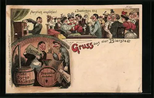Künstler-AK Bruno Bürger & Ottillie Nr. 350: Gruss aus der Bierstadt, Feiernde im Gasthaus, Mann giesst Sirup in Bierfass