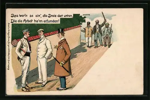 Künstler-AK Bruno Bürger & Ottillie Nr. 6776: Das wer`n se sin` die Dreie dort unten..., Gruppe Männer sieht drei Herren