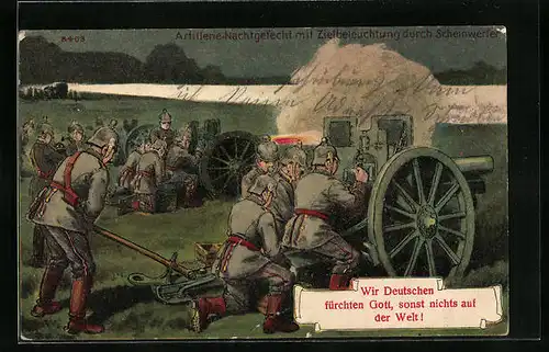 Künstler-AK Bruno Bürger & Ottillie Nr. 8403: Artillerie-Nachtgefecht mit Zielbeleuchtung durch Scheinwerfer