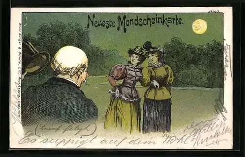 Künstler-AK Bruno Bürger & Ottillie Nr. 740: Herr grüsst zwei Damen bei Mondschein