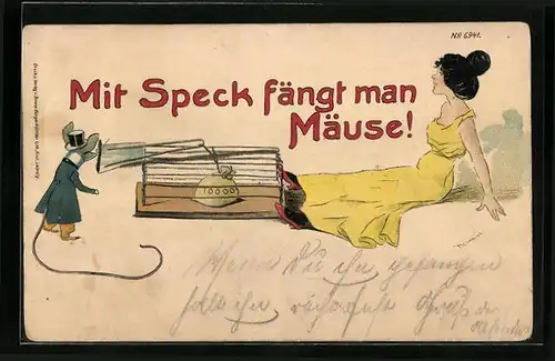 Künstler-AK Bruno Bürger & Ottillie Nr. 6941: Mit Speck fängt man Mäuse!, Frau mit Geldsack in Mausefalle