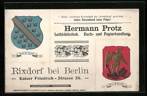 Künstler-AK Rixdorf bei Berlin, Buch- und Papierhandlung Hermann Protz, Kaiser Friedrich-Strasse 211, Wappen von Kassel
