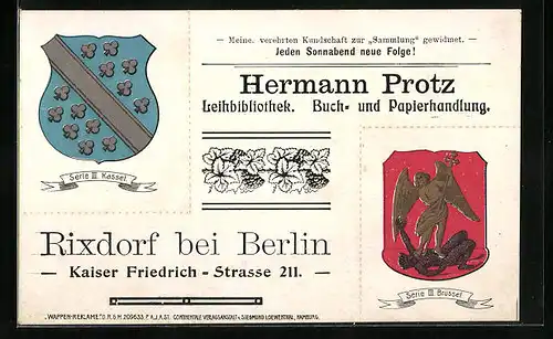 Künstler-AK Rixdorf bei Berlin, Buch- und Papierhandlung Hermann Protz, Kaiser Friedrich-Strasse 211, Wappen von Kassel