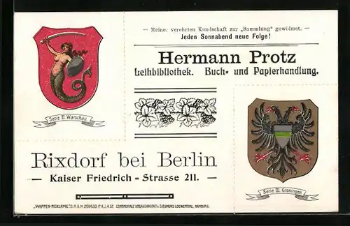 Künstler-AK Rixdorf bei Berlin, Buch- und Papierhandlung Hermann Protz, Kaiser Friedrich-Strasse 211, Wappen