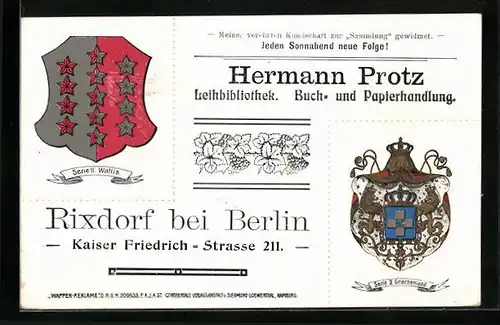 Künstler-AK Rixdorf bei Berlin, Buch- und Papierhandlung Hermann Protz, Kaiser Friedrich-Strasse 211, Wappen von Wallis