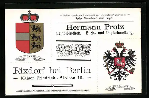 Künstler-AK Rixdorf bei Berlin, Buch- und Papierhandlung Hermann Protz, Kaiser Friedrich-Strasse 211, Wappen Russland