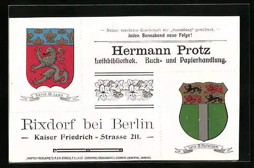 Künstler-AK Rixdorf bei Berlin, Buch- und Papierhandlung Hermann Protz, Kaiser Friedrich-Strasse 211, Wappen von Lyon