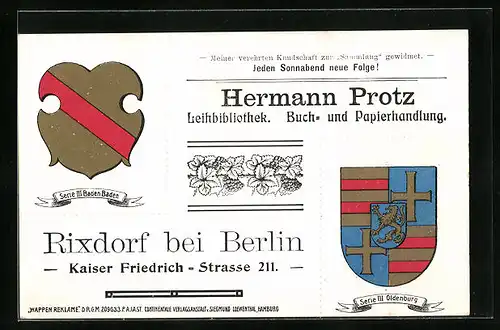 Künstler-AK Rixdorf bei Berlin, Buch- und Papierhandlung Hermann Protz, Kaiser Friedrich-Strasse 211, Wappen Oldenburg