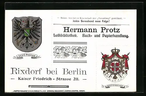 Künstler-AK Rixdorf bei Berlin, Buch- und Papierhandlung Hermann Protz, Kaiser Friedrich-Strasse 211, Wappen Rheinland