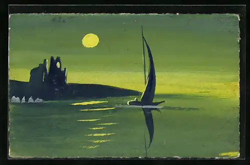 Künstler-AK Handgemalt: Uferlandschaft mit Segelboot bei Mondschein, Schablonenmalerei