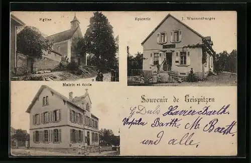 AK Geispitzen, Eglise, Epicerie J. Wunnenburger, Mairie et école