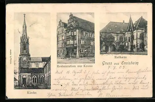 AK Ensisheim, Restaurant zur Krone, Rathaus, Kirche