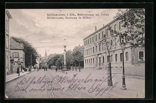 AK Mülhausen, Belfortstrasse mit Schule