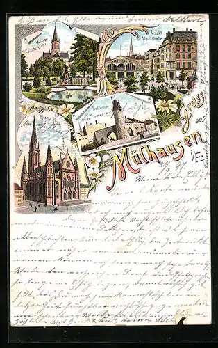 Lithographie Mülhausen, Markt und Markthalle, Anlage am Salvatorplatz