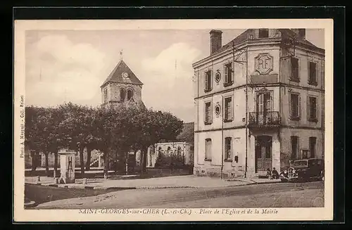 AK Saint-Georges-sur-Cher, Place de l`Eglise et de la Mairie