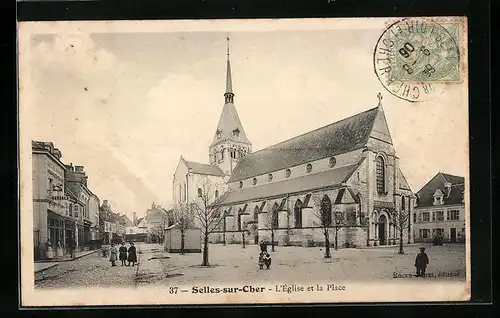 AK Selles-sur-Cher, L`Église et la Place