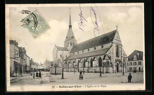 AK Selles-sur-Cher, L`Église et la Place