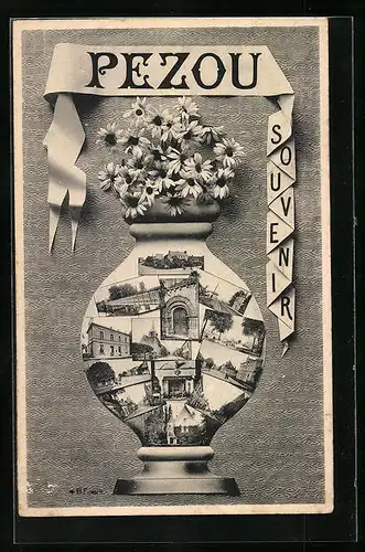 AK Pezou, Stilisierte Vase mit Teilansichten des Ortes