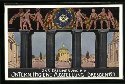 Künstler-AK Dresden, Internationale Hygiene Austellung 1911, Blick durch Pfosten auf den Hof