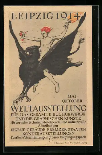 AK Leipzig, Weltausstellung Buchgewerbe und Graphische Künste 1914, Mythologische Gestalt auf Greif