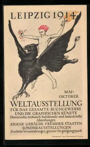 AK Leipzig, Weltausstellung Buchgewerbe und Graphische Künste 1914, Mythologische Gestalt auf Greif
