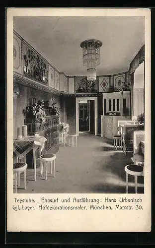 AK München, Ausstellung bemalter Wohnräume 1910, Teestube von Hans Urbanisch, Innenansicht