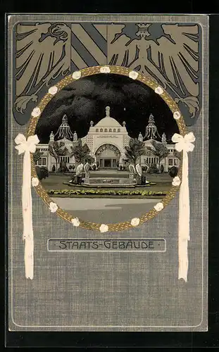 Künstler-AK Nürnberg, Bayerische Jubiläums-Landes-Ausstellung 1906, Staats-Gebäude, Prägedruck