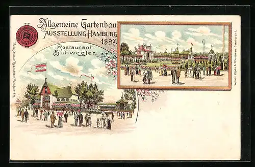 Lithographie Hamburg, Allgemeine Gartenbau-Ausstellung 1897, Restaurant Schwegler