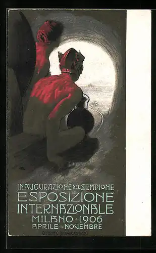 Künstler-AK Milano, Esposizione Internazionale 1906, Hermes auf einer Lokomotive