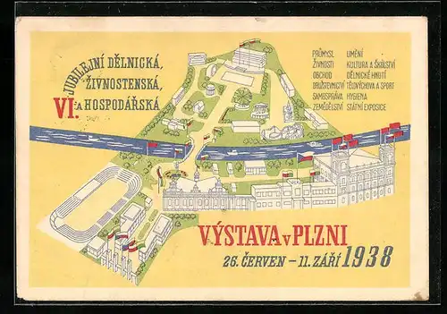 AK Plzen, Vystava 1938, VI. Jubilejni Delnicka, Zivnostenska a Hospodarska, Ausstellungsgelände aus der Vogelschau