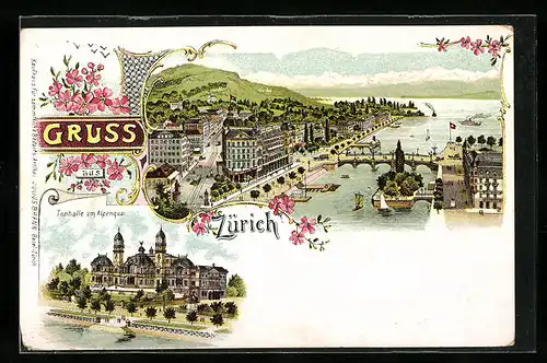 Lithographie Zürich, Seeblick mit Brücke und Tonhalle am Alpenquai