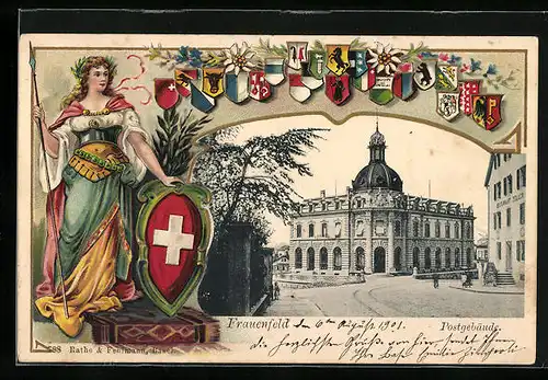 Passepartout-AK Frauenfeld, Strassenpartie am Postgebäude, Helvetia mit Wappen