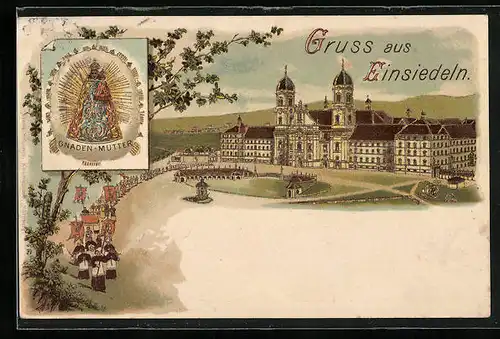 Präge-Lithographie Einsiedeln, Kloster mit Prozession