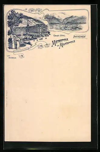 Lithographie Interlaken, Grande Hotel Métropole & Monopole