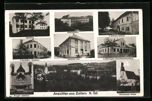 AK Zeillern, F. Grabners Gasthof, Schulhaus, Gemeindeamt