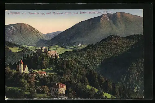 AK Klamm am Semmering, Ortsansicht mit Maria-Schutz und Sonnwendstein