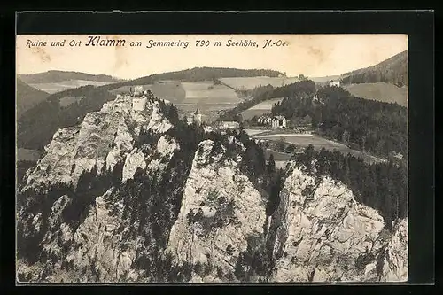 AK Klamm am Semmering, Ortsansicht mit Ruine aus der Ferne