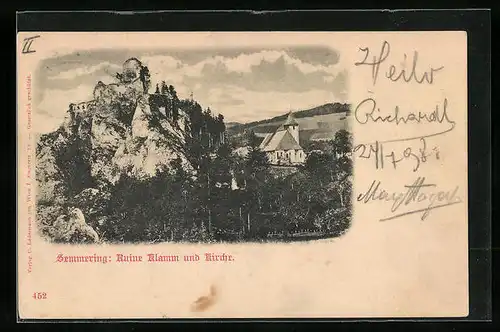 AK Klamm am Semmering, Ruine mit Kirche